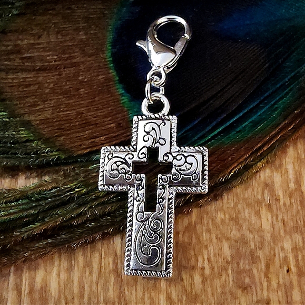 Silver Filigree Cross Charm for Religious Faith Charm Bracelet Christian Gift
